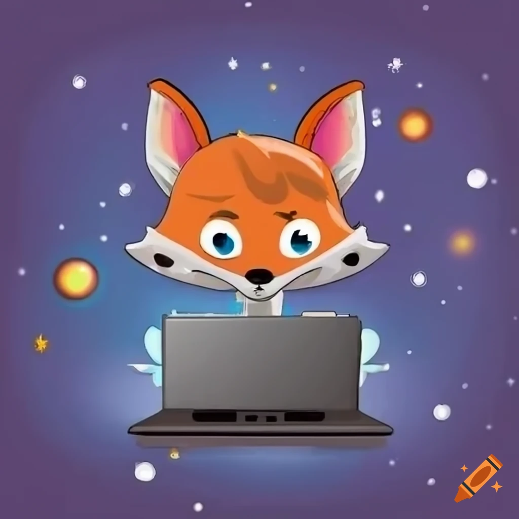 Cartoon fox programmer working on laptop in outer space on Craiyon