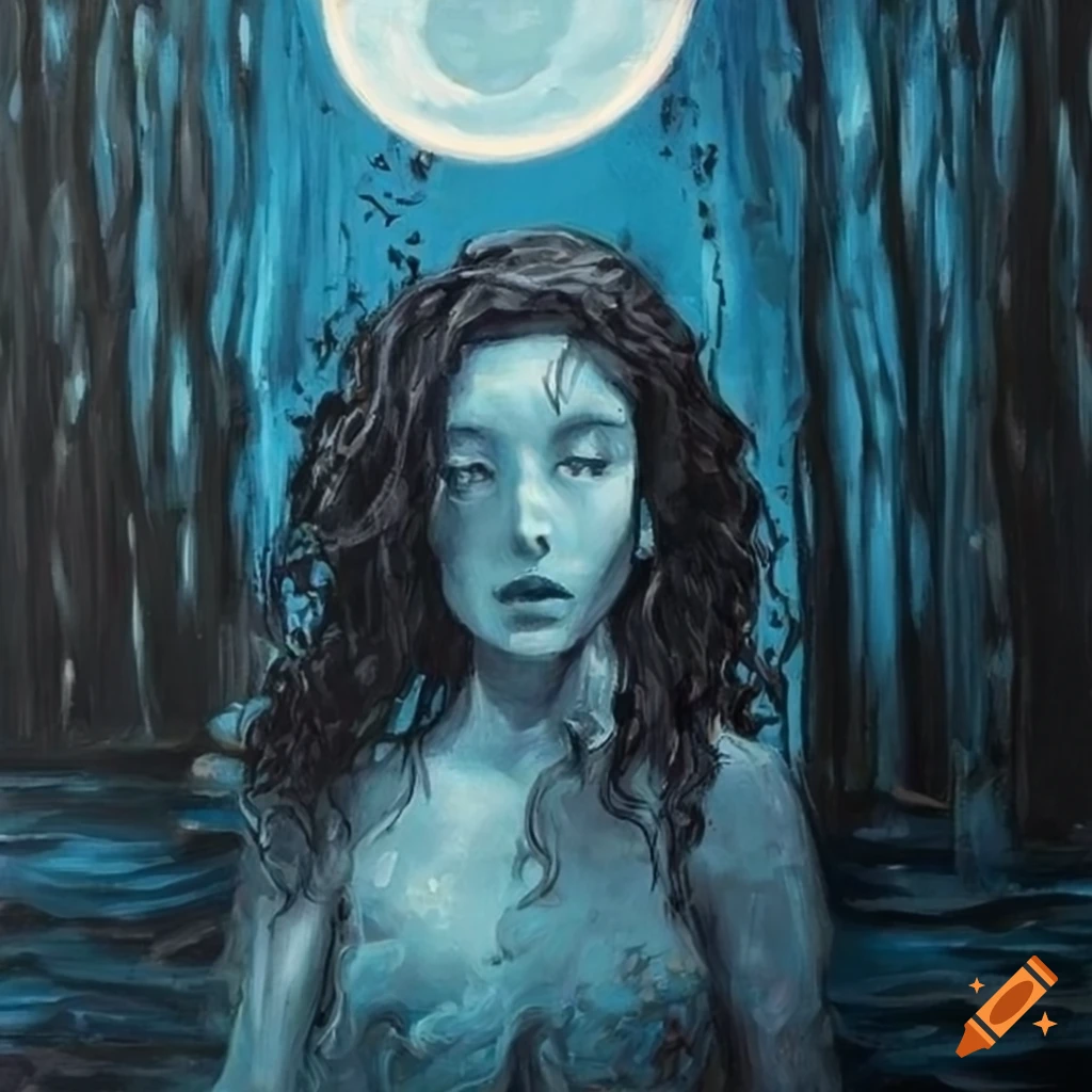 Lady of the lake in an underwater forest palette knife painting in