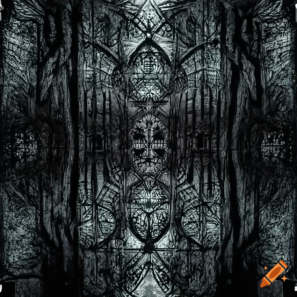 Occult symbols reflected on mirrored geometric shapes in a dark forest landscape