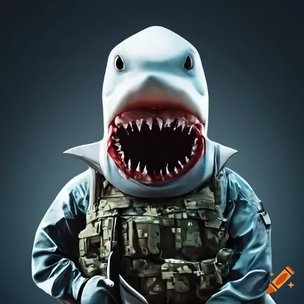Shark head wearing army uniform from the front on Craiyon