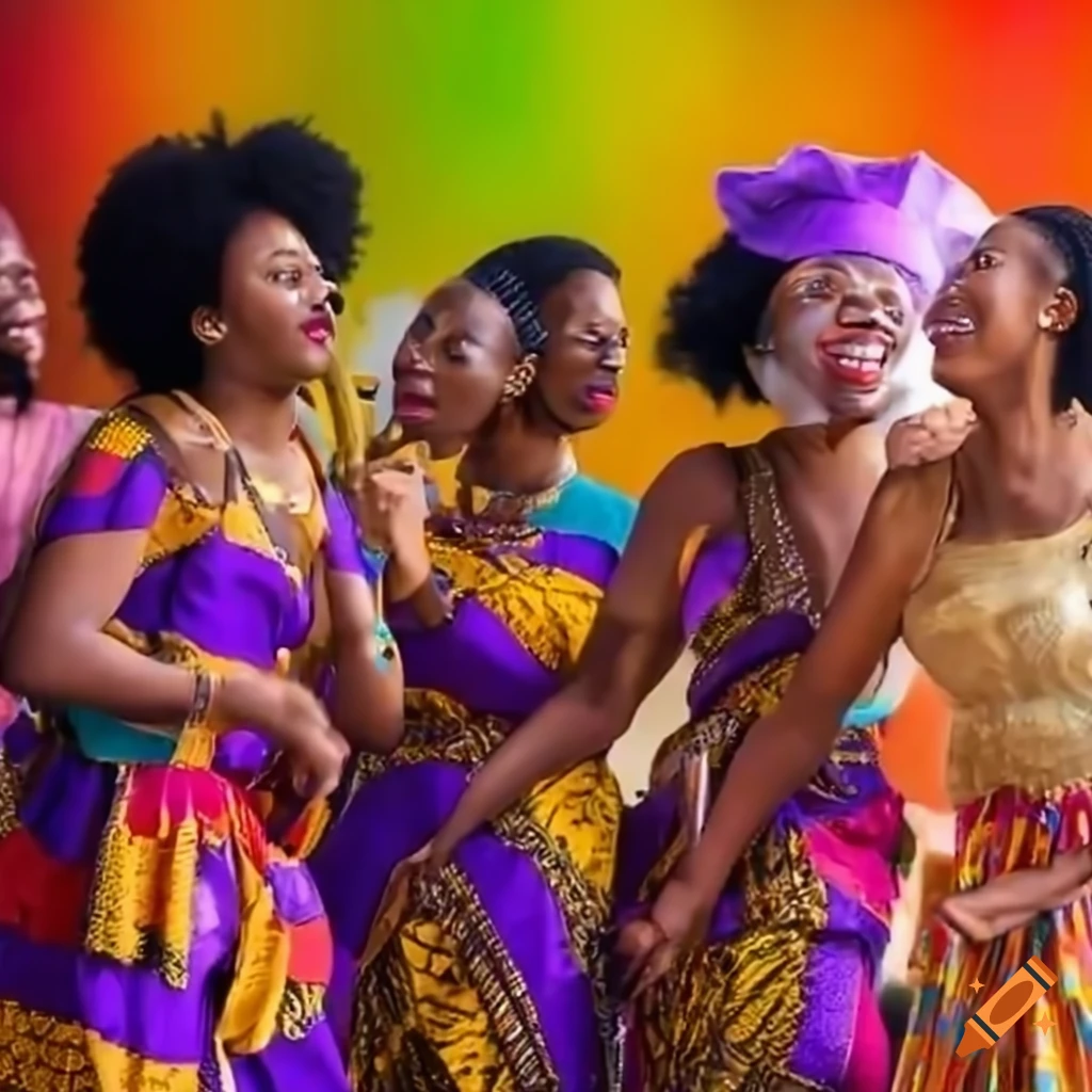 Diverse group of African singers performing traditional music in colorful outfits