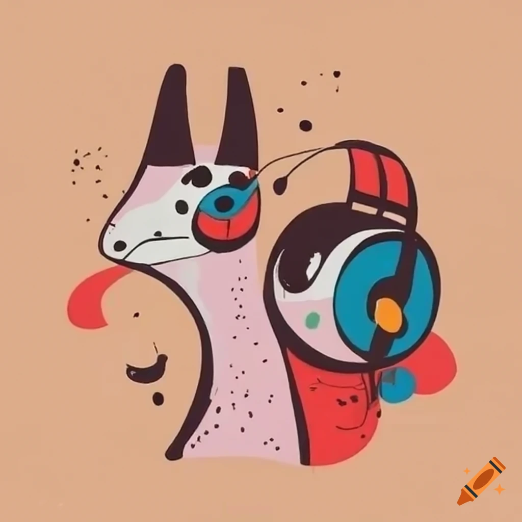 Two llamas wearing headphones in Joan Miro style