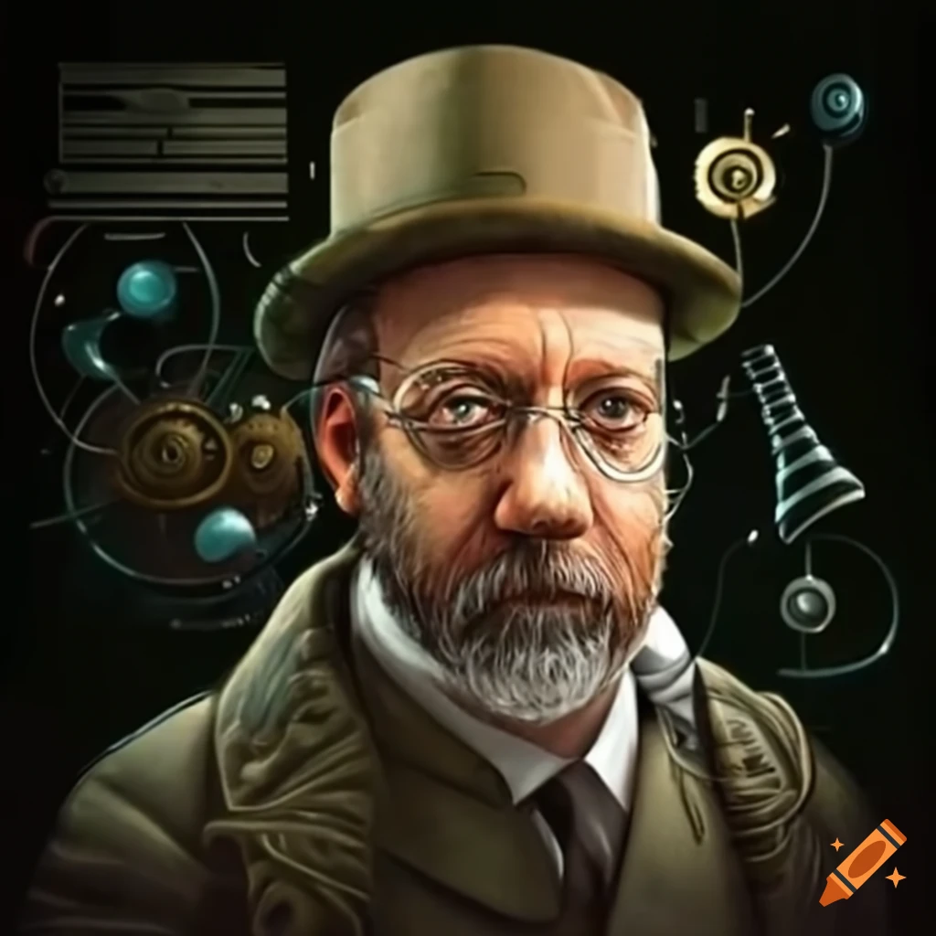 Paul Giamatti portraying a steampunk scientist analyzing data on a vintage computer