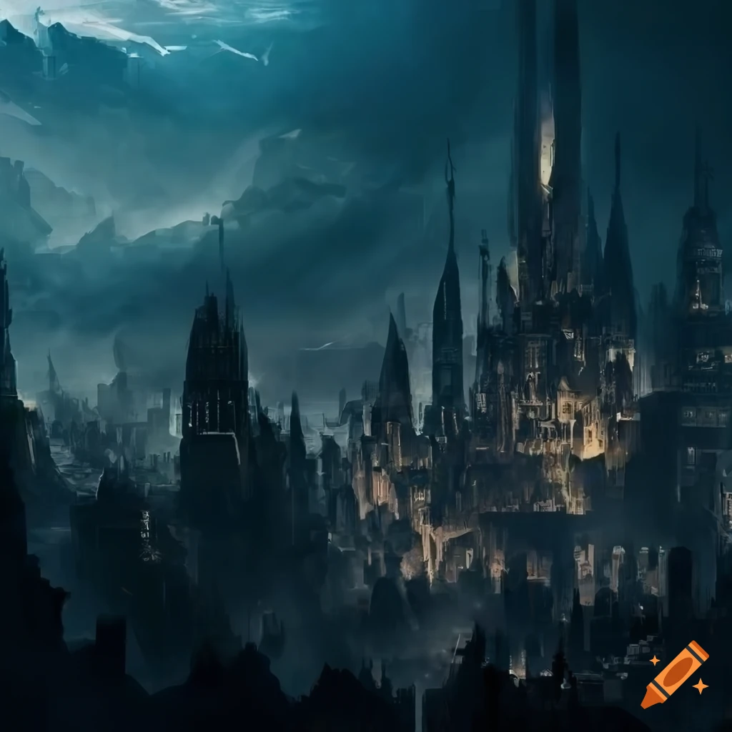 Aerial view of a dark fantasy city on Craiyon