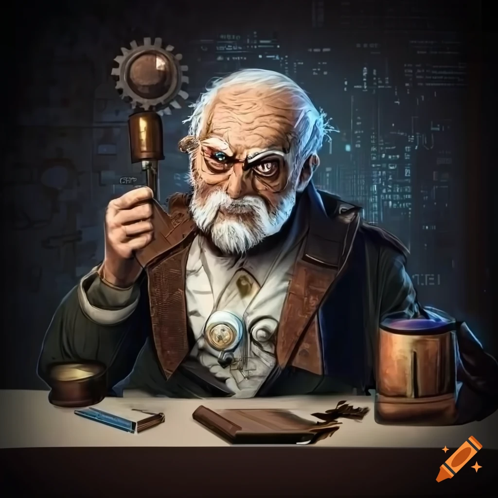 Old steampunk scientist analyzing data on a vintage computer