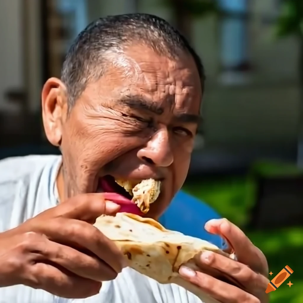 Mexican man enjoying a burrito in the afternoon sun on Craiyon