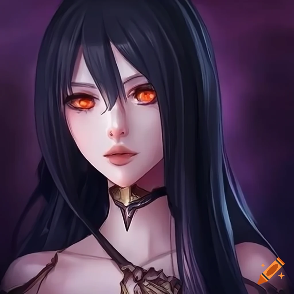 Mage with long black hair and orange eyes admiring the night world on ...