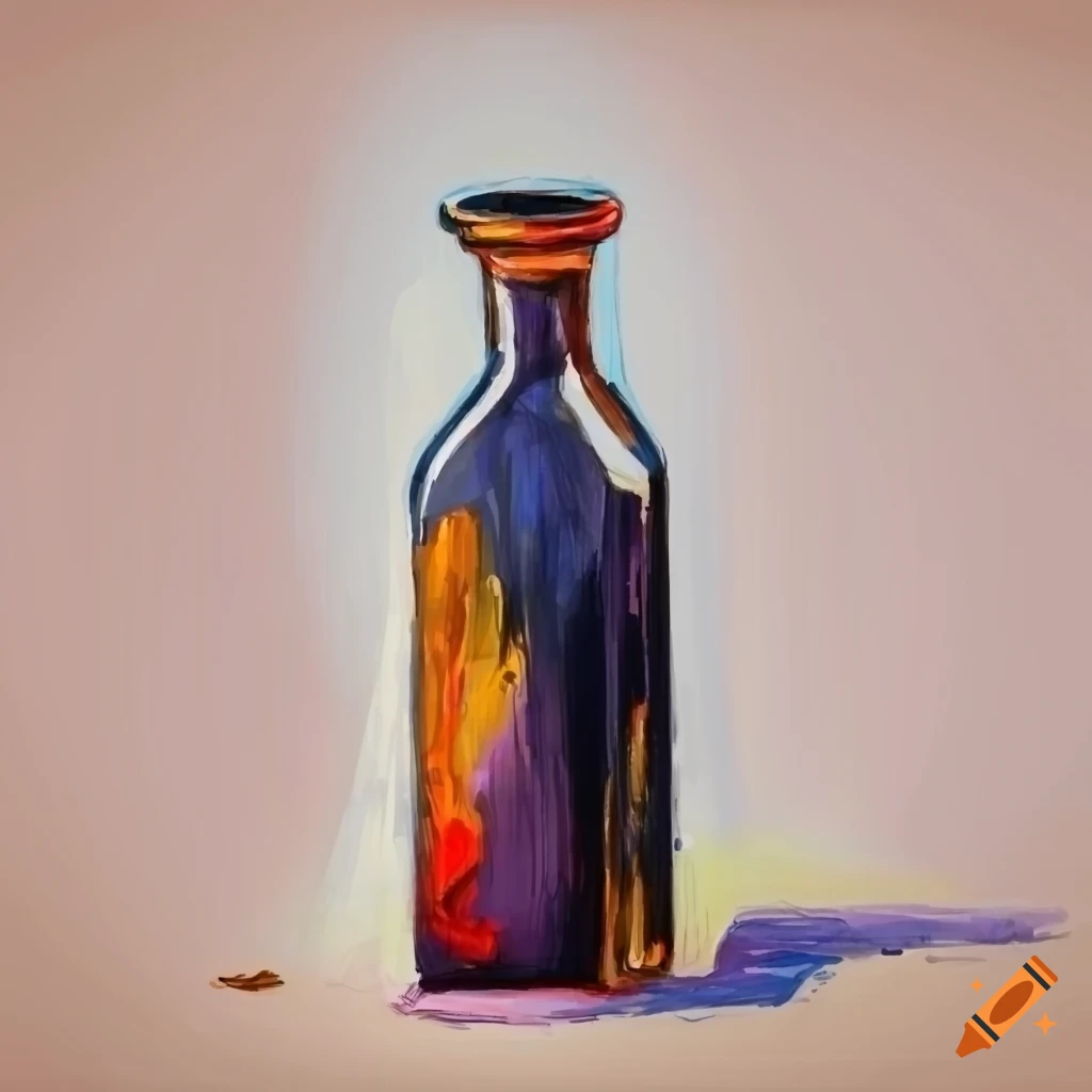 Long rectangular oil flask on white background drawn with crayon