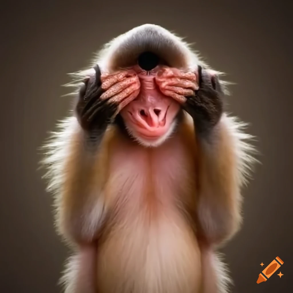 Adorable primate covering eyes with expressive hands