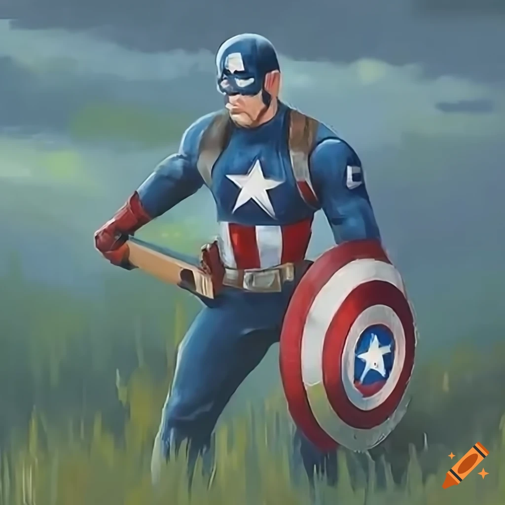 Captain america holding a broken cricket bat bravely in the grass on