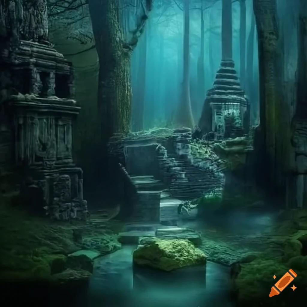 Ancient temple ruin in an enchanted forest on Craiyon