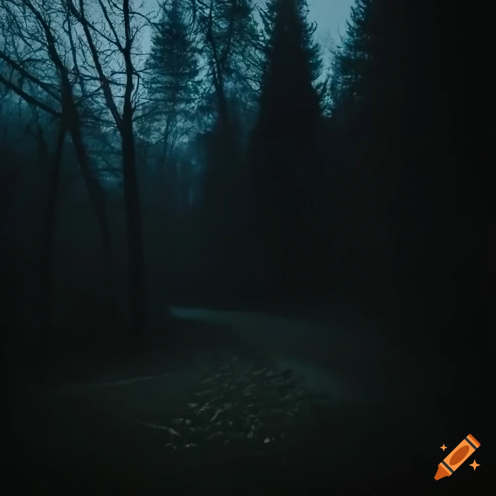 Moody winter night with a beast in a forest near a house on Craiyon