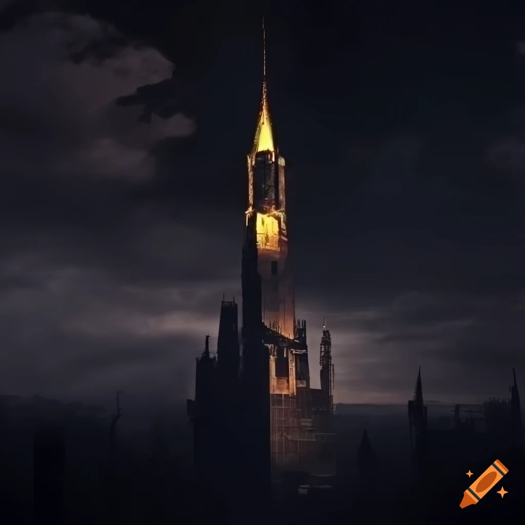 Giant tower rising through the clouds over an Eastern European styled city under rainy weather