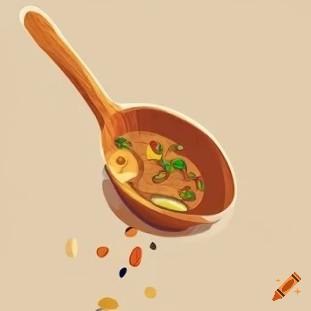 Wooden spoon with soup flinging around on white background