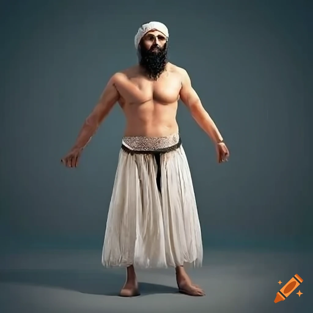Ancient Middle Eastern man in white kilt with long beard and curly hair