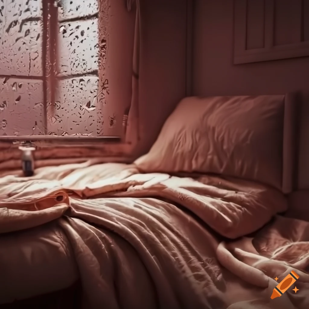 Cozy bedroom with person sleeping under covers and cold rainy weather