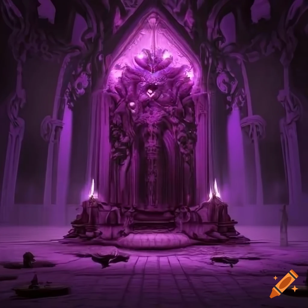 Lovecraftian throne room with purple lighting in 3d cg style on Craiyon