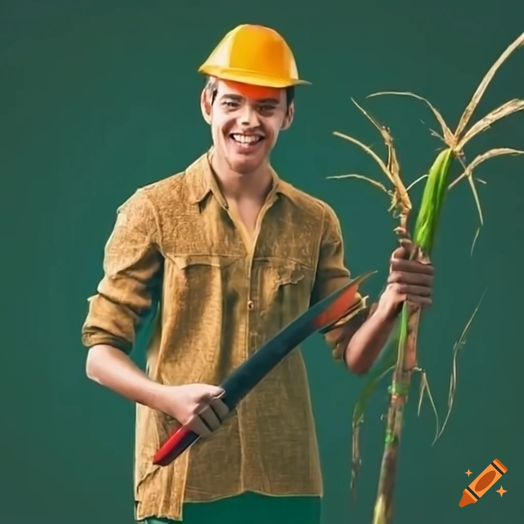 Smiling young man cutting sugar cane in appropriate work attire on Craiyon