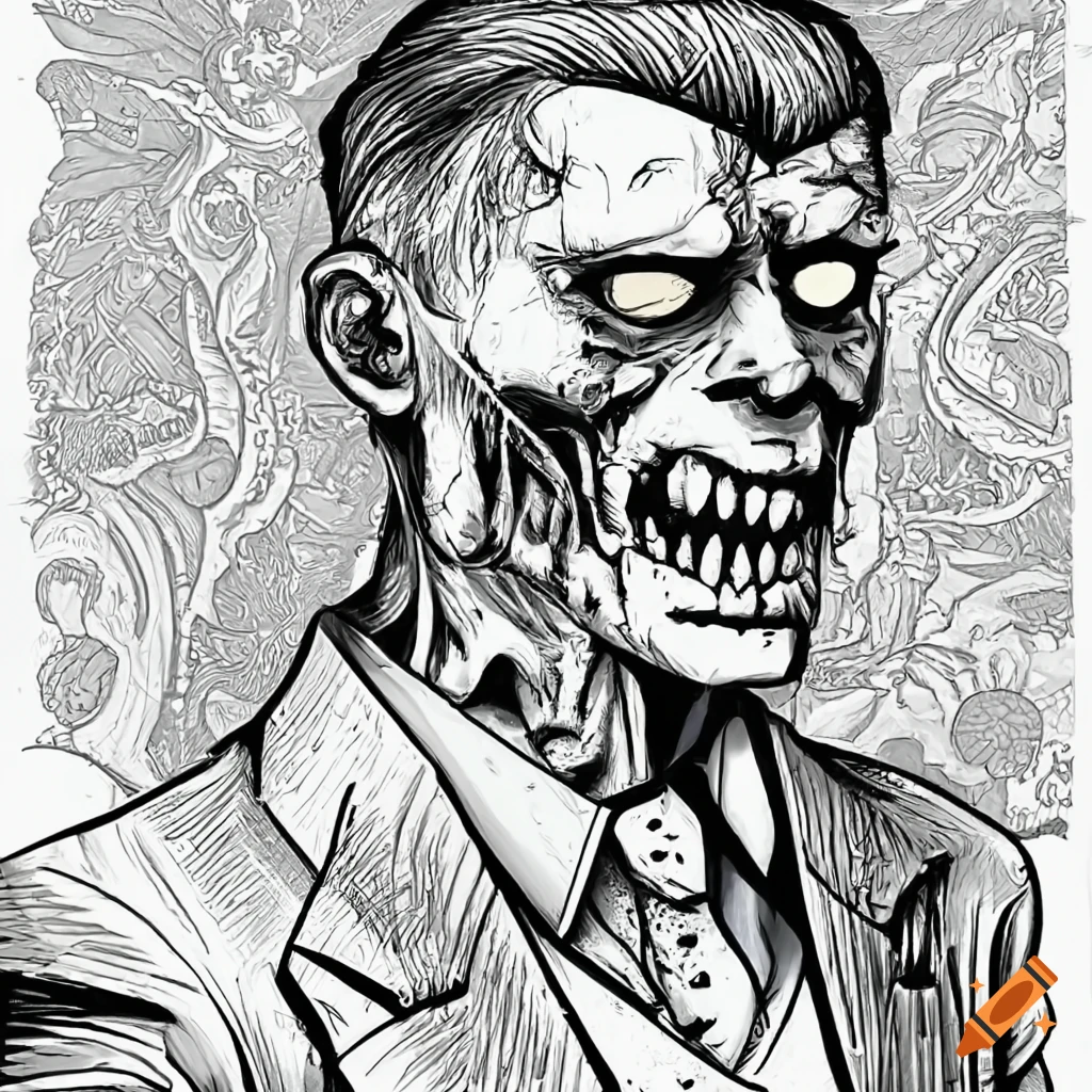 Black and white coloring book page of a male zombie in a mafia setting