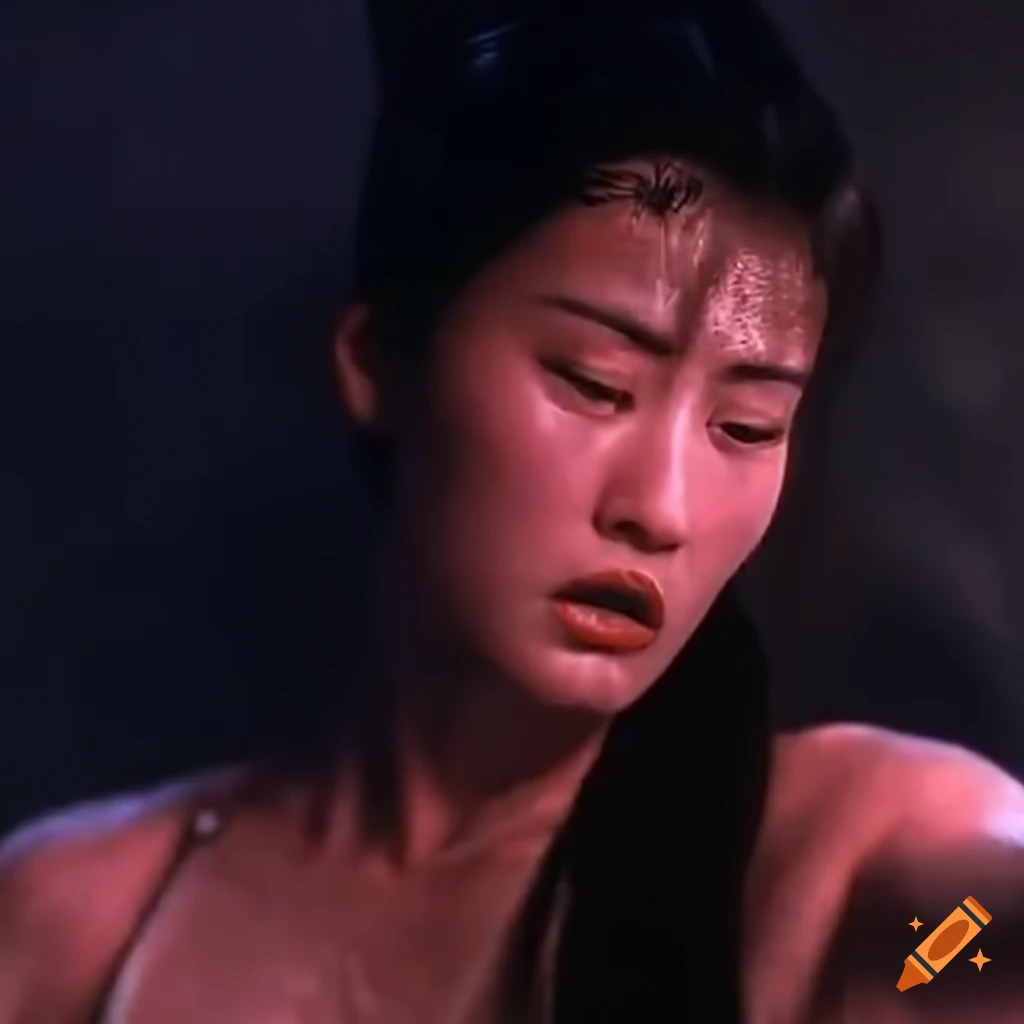 Asian martial arts fighter with bruised face in 80s Hong Kong action film