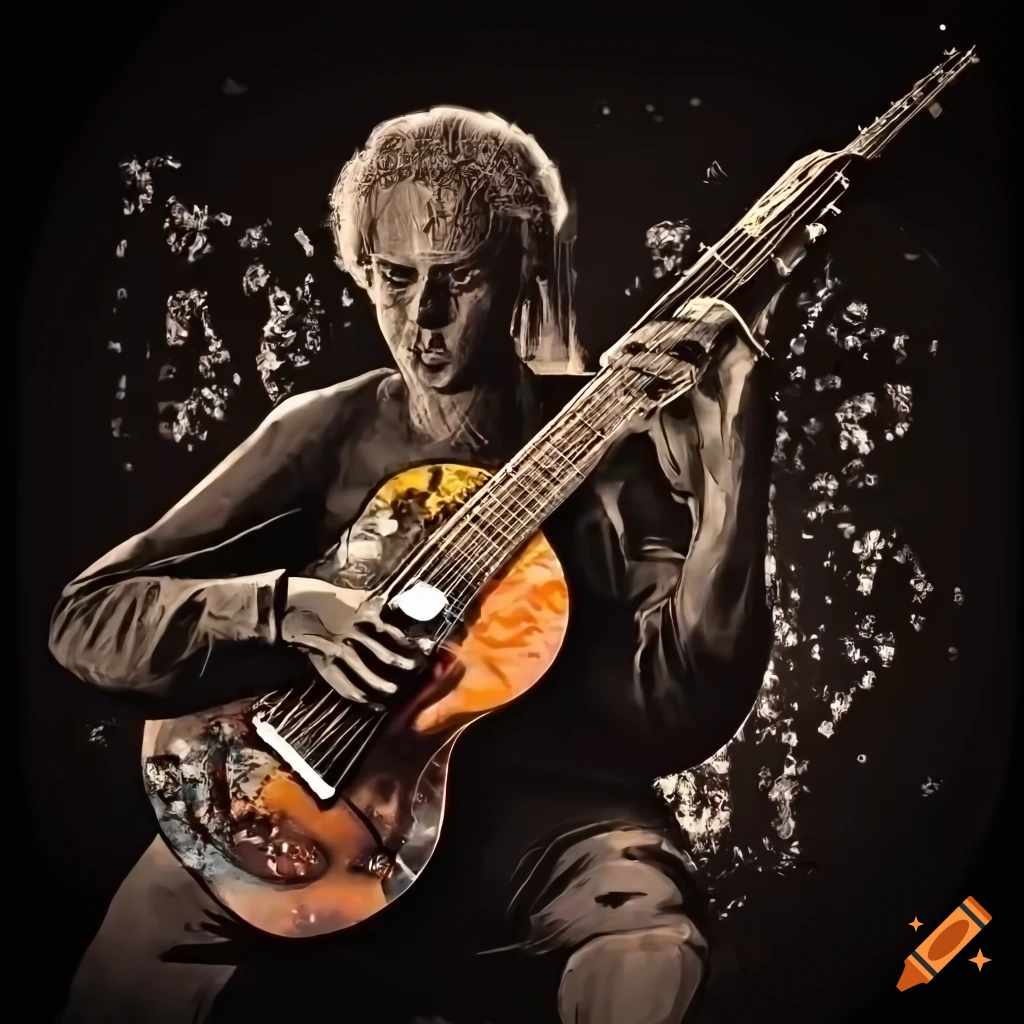 Graphic art guitar with musical notes in black and white
