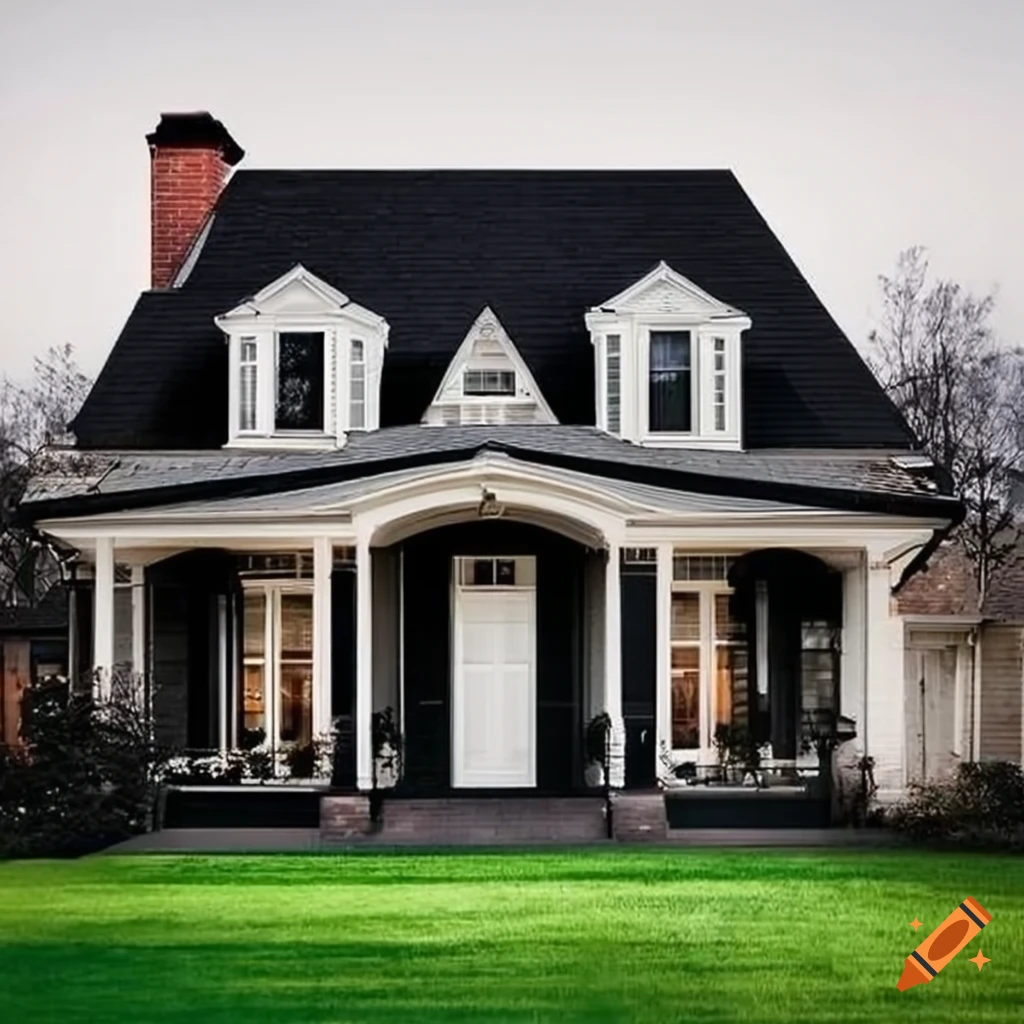 Black house with almondcolored trim garage doors and windows on Craiyon