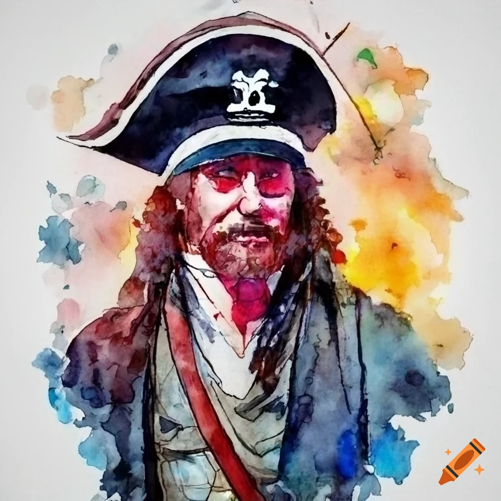 Watercolor Portrait Of A Confident Naval Captain Turned Pirate With A