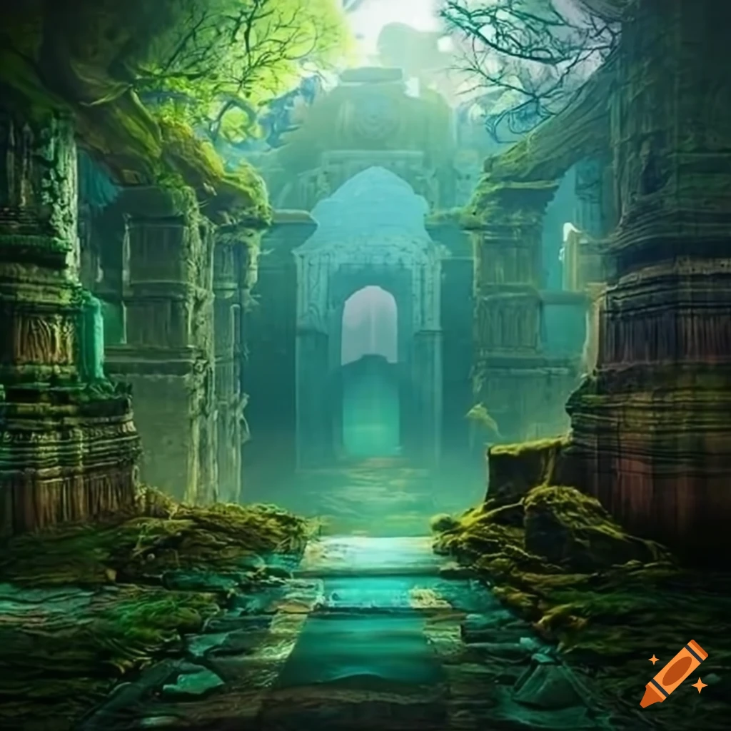 Ancient temple ruin in an enchanted forest on Craiyon