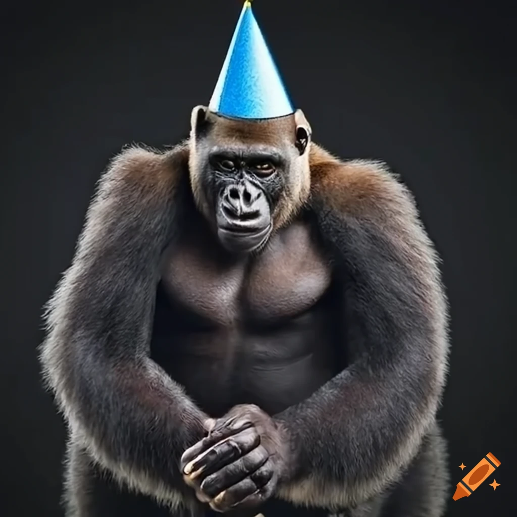 Gorilla with party hat holding a big birthday present on Craiyon