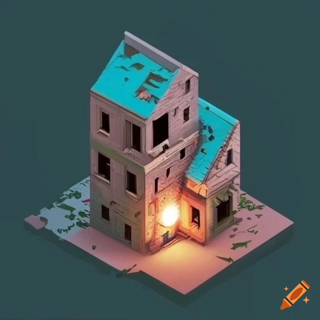 Isometric view of an abandoned house on Craiyon