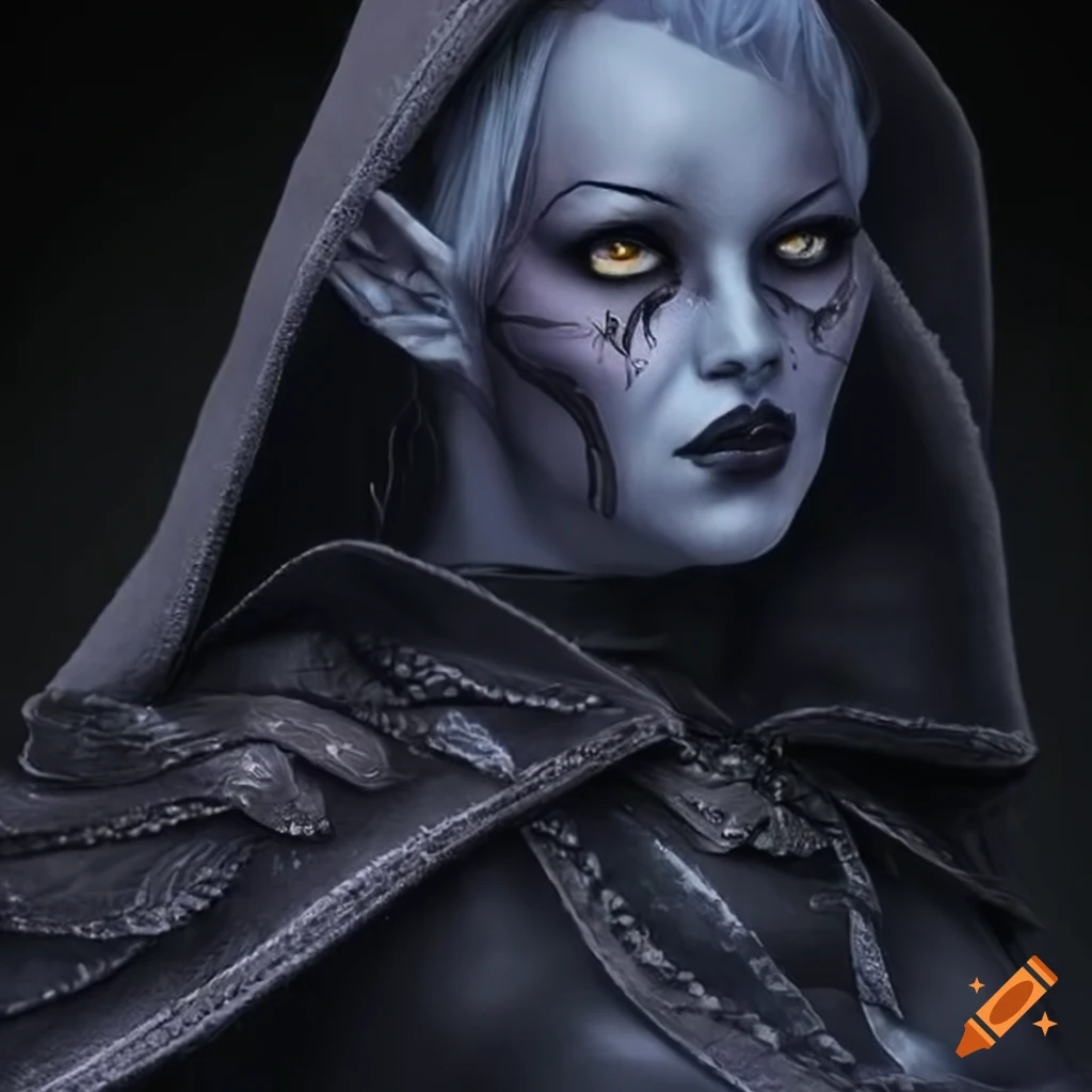Dark elf female covered with a hood and mantle