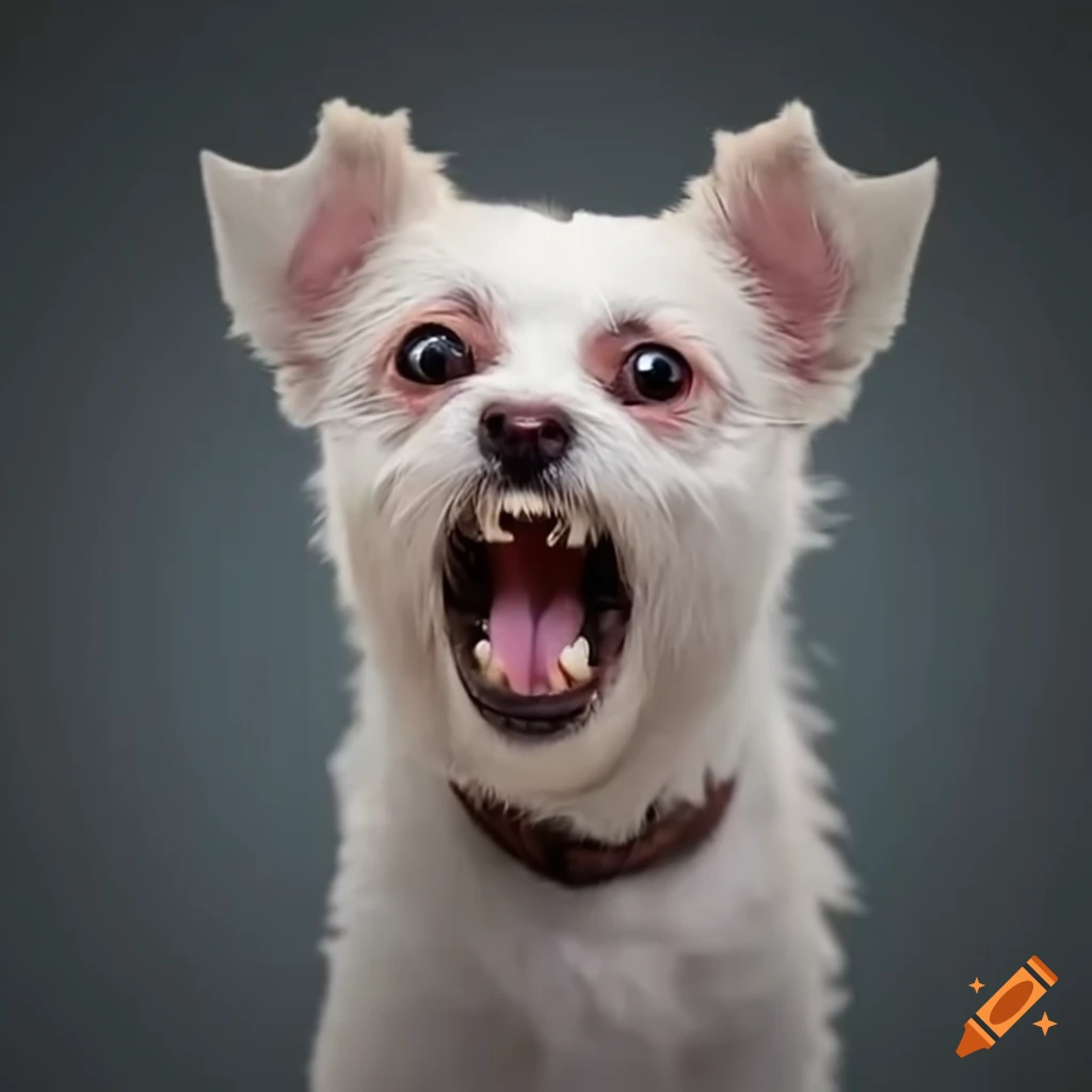 Angry small white dog yapping with teeth near kitchen furniture on Craiyon