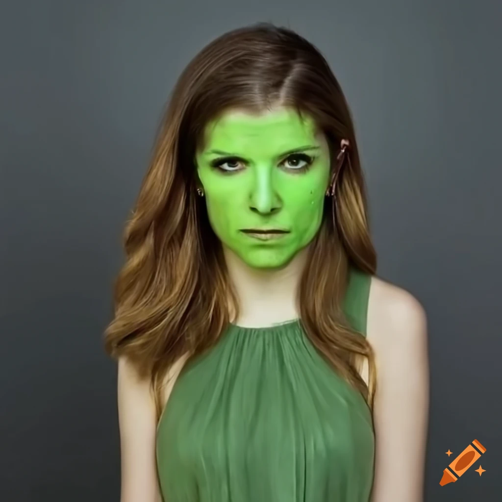 Anna kendrick posing with green face paint resembling 'the mask