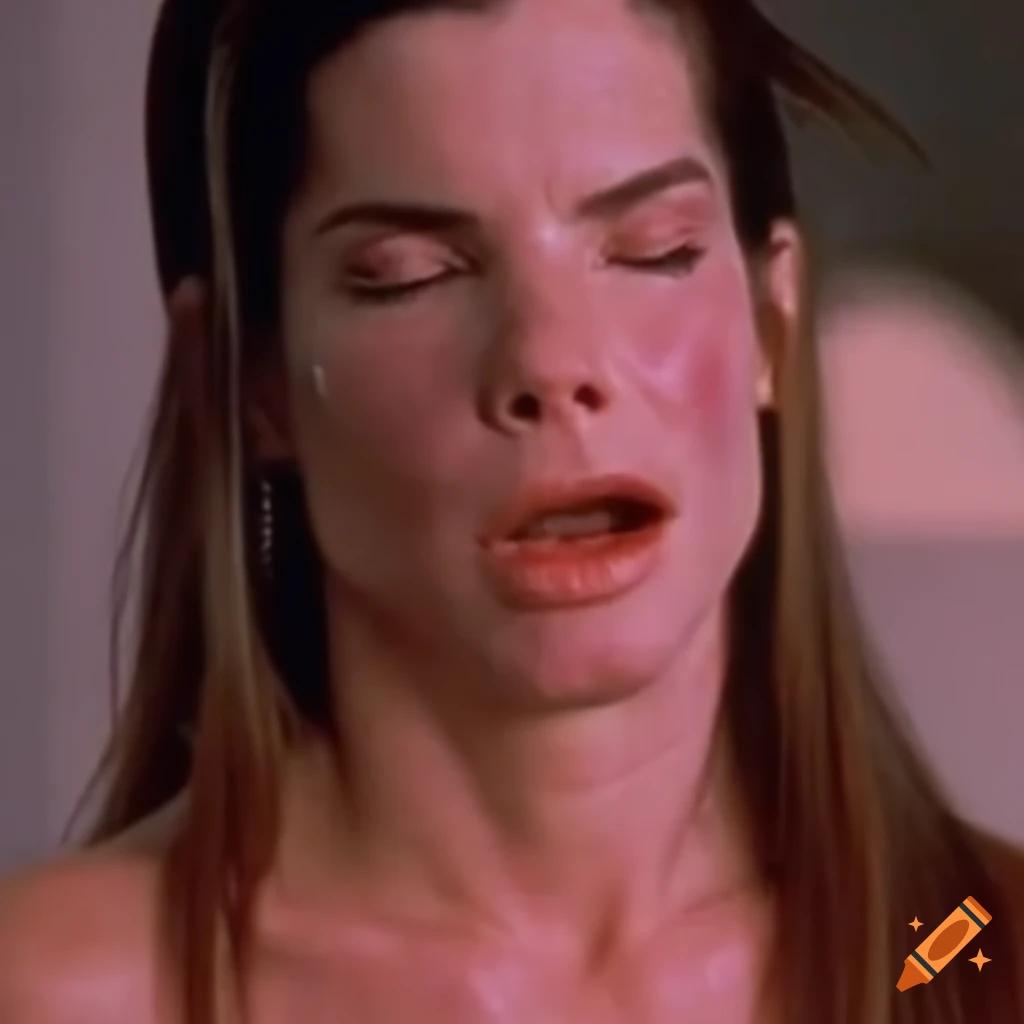 Sandra Bullock with bruised and swollen face in a 90s movie scene