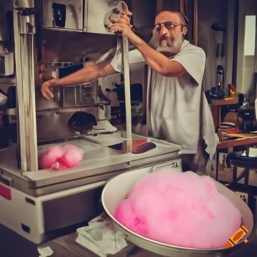 Four mechanics working on a cotton candy machine on Craiyon