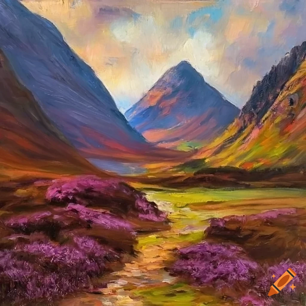 Impressionist oil painting of the 3 sisters of Glencoe in Scotland with heather on the hillsides