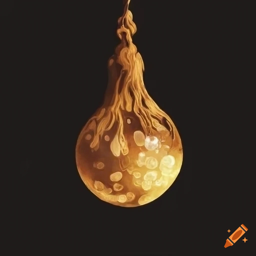 Medieval painting of bare tree branch with hanging glass orbs on black background