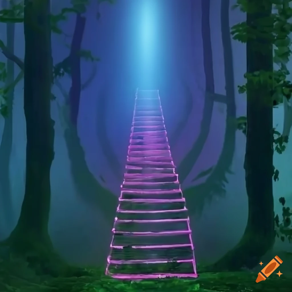 Glowing ladder in an ethereal forest surrounded by roses reaching to