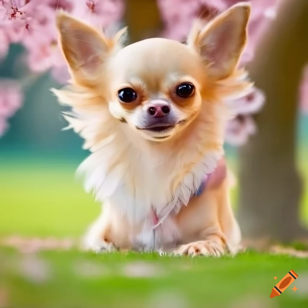 Blonde Chihuahua enjoying relaxing time under cherry blossoms with angel wings