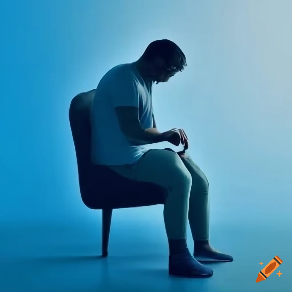 Compassionate psychologist comforting young man during therapy session with dominant blue and gray hues