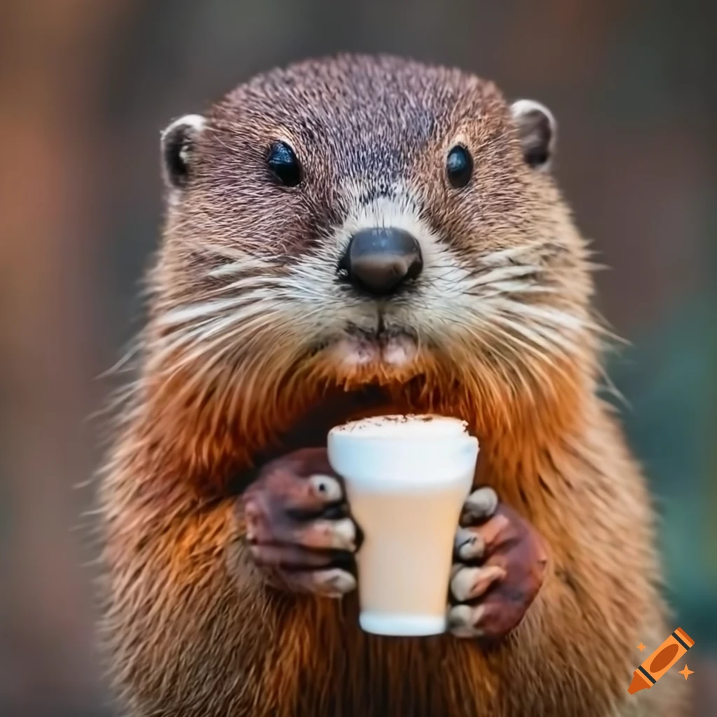 Woodchuck posing with a latte in a cozy cafe on Craiyon