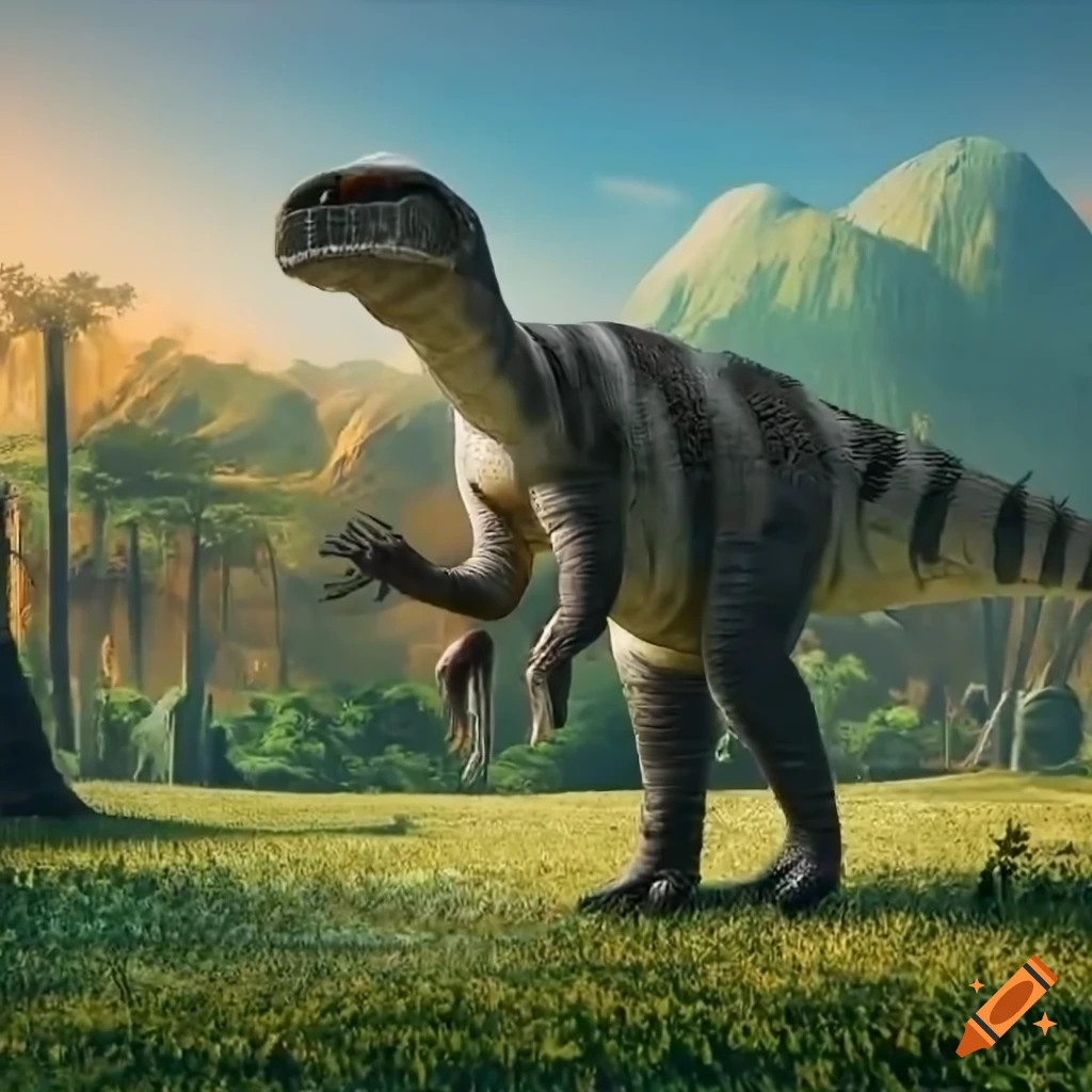 Hefty Iguanodon dinosaur with intricate motley colors in cool morning light