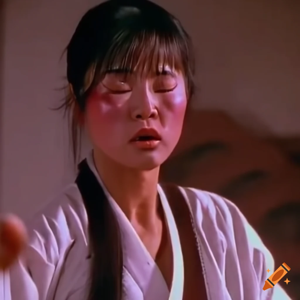 Bruised Asian Woman Martial Arts Fighter In A Scene From An 80s Movie On Craiyon