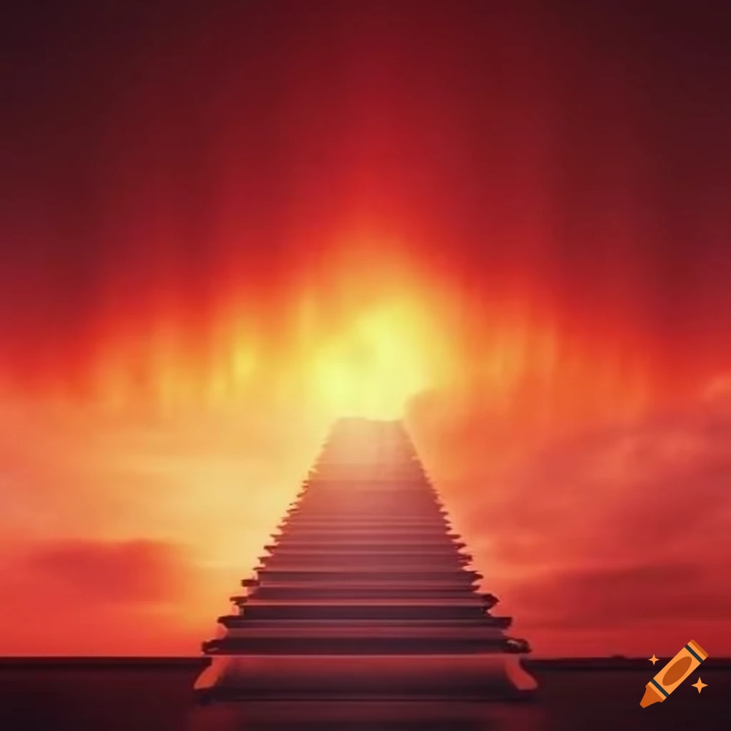 Heaven's gates with red cloud floors and golden gates in a surreal setting