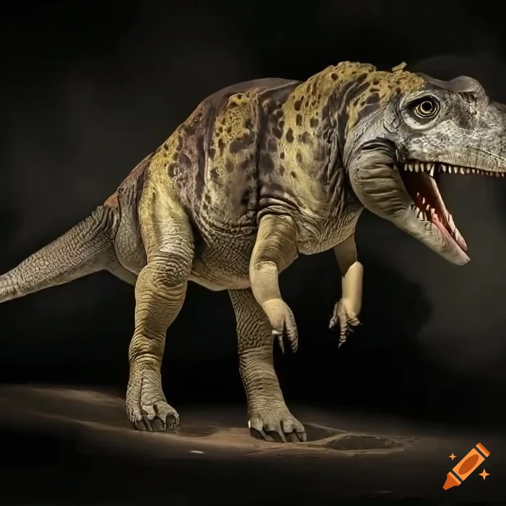Hefty Iguanodon dinosaur with intricate motley colors in cool morning light