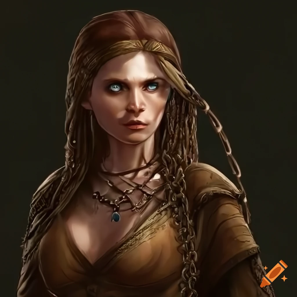 Middle aged fantasy woman with elven chain armor and weapons on Craiyon
