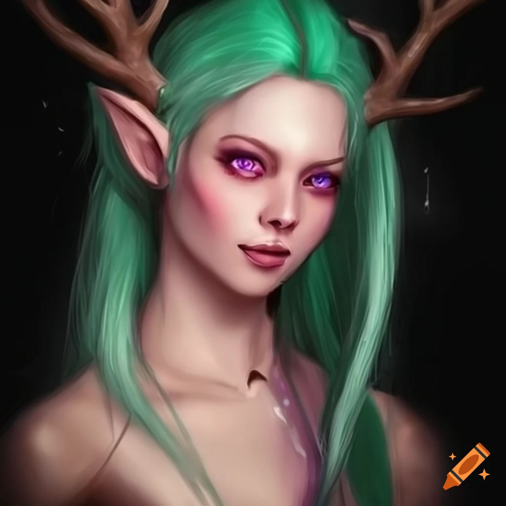 Joyful eladrin elf woman with pink skin, green hair, purple eyes, and ...