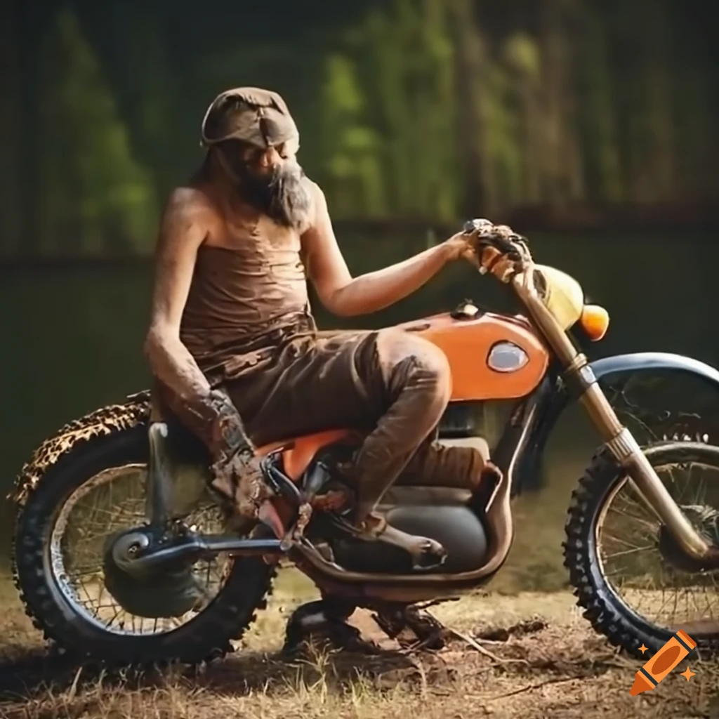 Caveman with wooden torch on vintage enduro motorcycle on Craiyon