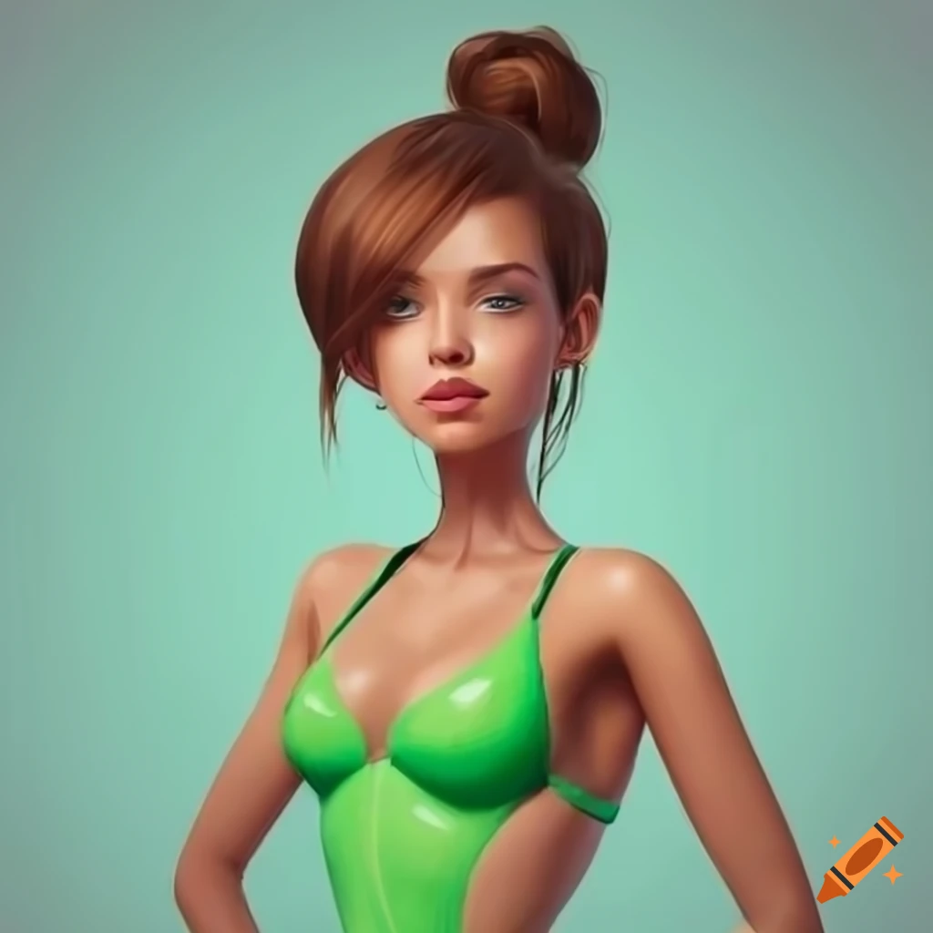 Woman in green swimsuit with brown ponytail