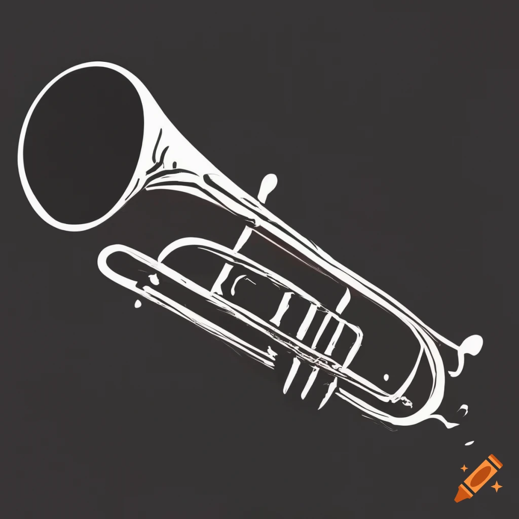 Black and white single line doodle of trumpets